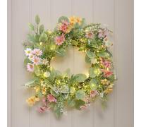 Lights4fun Couronne d'été avec fleurs artificielles telles que marguerites, fleurs jaunes et roses | LED blanc chaud | avec minuterie | fonctionne avec piles | décoration été, printemps, pour le salon