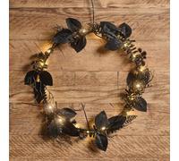 Lights4Fun Couronne Halloween Noire 30cm avec Feuillage Gothique et 20 Micro LED Blanc Chaud - Décoration de Porte en Brindilles - Fonctionnant à Piles avec Minuterie 6 Heures - Usage Intérieur