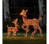 Lights4fun Déco Biche et Faon de Noël en Fils de Coton Marron avec LED Blanc Chaud pour Extérieur