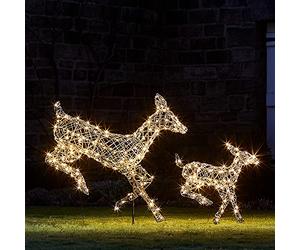 Lights4fun Déco Biche et Faon de Noël Sautant en Rotin avec 300 LED Statique Couleur Changeante pour Extérieur