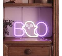 Lights4Fun Enseigne Néon "BOO" Halloween - Éclairage Violet et Blanc en Néon Flex sur Cadre Acrylique Transparent - Plug-in avec Socle Amovible et Interrupteur - Déco Murale ou de Table - 25cm