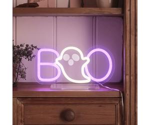 Lights4Fun Enseigne Néon "BOO" Halloween - Éclairage Violet et Blanc en Néon Flex sur Cadre Acrylique Transparent - Plug-in avec Socle Amovible et Interrupteur - Déco Murale ou de Table - 25cm