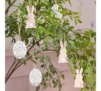 Lights4fun Ensemble de 6 Décorations Suspendues en Forme de Lapins et d'Œufs de Pâques en Bois, Décoration de Pâques pour l'Intérieur