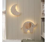 Lights4fun Ensemble de lampes murales lune et éléphant - LED blanc chaud - Fonctionne avec piles - Télécommande et minuterie - Applique murale pour chambre d'enfant - Décoration murale - Veilleuse