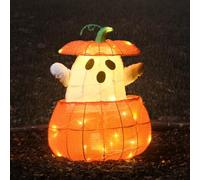 Lights4Fun Fantôme dans Citrouille Halloween - 35 LEDs Blanc Chaud, Mouvement Ascendant, Alimentation Secteur, Minuterie 6h, Déco Mignonne Centre de Table