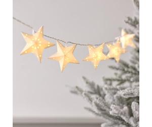 Lights4fun Guirlande Lumineuse avec 10 Étoiles en Papier Blanc avec LED Blanc Chaud à Piles avec Minuterie Éclairage de Noël Décoration Intérieure