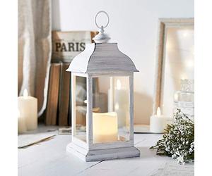 Lights4fun Lanterne Décorative Blanche de 30 cm Finition rustique avec Bougie LED Blanc Chaud Flamme Vacillante à Piles avec Minuterie Déco pour Intérieur