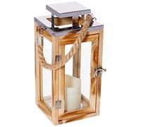 Lights4fun Lanterne en Bois de 26 cm avec Bougie LED à Piles avec Minuterie et Anse en Corde pour Déco Intérieur