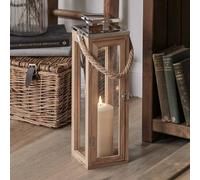 Lights4fun Lanterne en Bois de 42 cm avec Bougie LED TruGlow® à Piles avec Minuterie et Anse en Corde pour Déco Intérieur et Extérieur