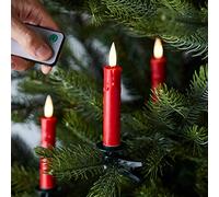Lights4fun Lot de 10 Bougies à Clips pour Sapin de Noël en Cire Rouge avec LED Blanc Chaud à Piles avec Minuterie pour Intérieur avec Télécommande