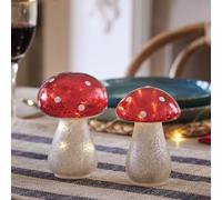 Lights4fun Lot de 2 Champignons de Noël Lumineux en Verre Moucheté avec 10 LED Blanc Chaud à Piles avec Minuterie Décoration de Noël pour Intérieur