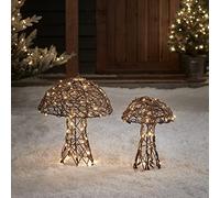 Lights4fun Lot de 2 Champignons Lumineux en Rotin avec LED Blanc Chaud à Piles pour Extérieur