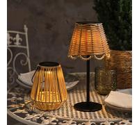 Lights4fun Lot de 2 lampes de table en rotin - Lanternes et lampes de table - Avec LED blanc chaud - Énergie solaire - Décoration d'été pour extérieur, jardin, terrasse, balcon - Deux tailles