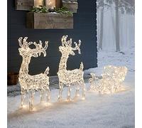 Lights4fun Lot de 2 Rennes de Noël avec Traîneau Lumineux à 240 LED Blanc Chaud avec Minuterie Décoration pour Intérieur Jardin Extérieur