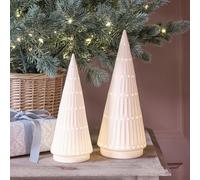 Lights4fun Lot de 2 Sapins Lumineux en Céramique avec 10 LED Blanc Chaud à Piles avec Minuterie Décoration de Noël pour Intérieur