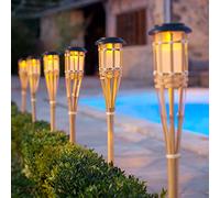 Lights4fun Lot de 2 torches solaires de jardin à LED en bambou véritable - Décoration pour l'extérieur - Torches solaires - Éclairage de chemin - Décoration Tiki - Hawaii - 82 cm