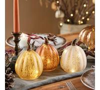 Lights4fun Lot de 3 Citrouilles Décoratives en Verre Moucheté LED à Piles avec Minuterie Décoration d'automne et d'halloween pour Intérieur