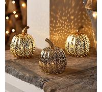 Lights4fun Lot de 3 Citrouilles Lumineuses Déco Halloween Mouchetées Cuivre en Verre à LED Blanc Chaud à Piles pour Intérieur