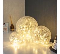 Lights4fun Lot de 3 Déco Boules Lumineuses LED Blanc Cahud en Verre Craquelé à Piles et Prise Secteur avec Interrupteur pour Intérieur