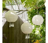 Lights4fun Lot de 3 Lampions Solaires Crèmes à Pampilles avec LED Blanc Chaud de Diamètre 35 cm pour Exterieur