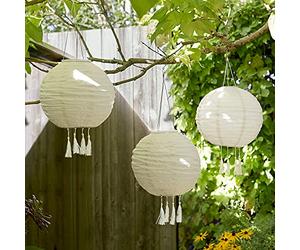 Lights4fun Lot de 3 Lampions Solaires Crèmes à Pampilles avec LED Blanc Chaud de Diamètre 35 cm pour Exterieur