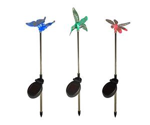 Lights4fun Lot de 3 Piquets Solaires LED - Balises Libellule, Papillon & Colibri Lumineux à Couleurs Changeantes pour Jardin Extérieur