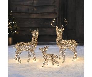 Lights4fun Lot de 3 Rennes Lumineux de Noël Studley en Rotin à 320 LED Blanc Chaud avec Minuterie Décoration de Noël pour Intérieur et Extérieur