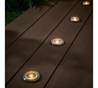 Lights4fun Lot de 4 spots solaires encastrables pour terrasse - Fonctionne à l'énergie solaire - Blanc chaud - LED printemps et été - Décoration pour extérieur, balcon, jardin - Argenté - H 2,1 cm x Ø