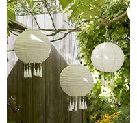 Lights4fun Lot de 6 Lampions Solaires Crèmes à Pampilles avec LED Blanc Chaud de Diamètre 35 cm pour Exterieur