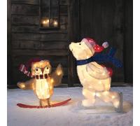 Lights4fun Lot de Ours Polaire Lumineux sur Patins à Glace et Hibou Lumineux sur Snowboard à Piles avec LED Blanc Chaud et Minuterie Figurine de Noël en Acrylique Décoration d'Extérieur