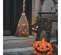 Lights4Fun Lumière à Piquet Chat et Citrouille Halloween - Figures 2D de Chat Noir et Jack O’Lantern avec LEDs Blanches Chaudes - Fonctionne sur Piles avec Minuterie Optionnelle