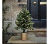 Lights4fun Sapin de Noël Pré-Éclairé de 75 cm avec 80 LED Blanc Chaud à Piles avec Minuterie en Pot Doré Décoration de Noël pour Intérieur et Extérieur