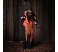 Lights4Fun Sorcière Animée Halloween - Figurine Effrayante Taille Réelle avec Robe Orange Citrouille, Yeux LED Rouges Clignotants, Activation Sonore et Sac de Bonbons - Déco Intérieure - 160 cm