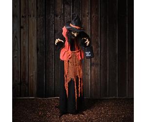 Lights4Fun Sorcière Animée Halloween - Figurine Effrayante Taille Réelle avec Robe Orange Citrouille, Yeux LED Rouges Clignotants, Activation Sonore et Sac de Bonbons - Déco Intérieure - 160 cm