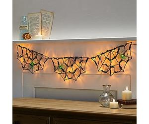 Lights4fun Toile d’Araignée Lumineuse Déco d’Halloween à LED Ambre à Piles pour Extérieur