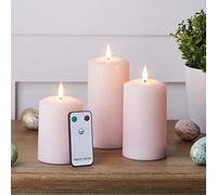 Lights4fun TruGlow® Lot de 3 bougies piliers LED sans flamme avec minuteur en cire véritable et télécommande Rose