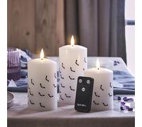 Lights4fun TruGlow® Lot de 3 Bougies Sans Flamme à LED Blanc Chaud à Piles en Cire Véritable au Motif de Chauve-Souris avec Minuterie et Télécommande Décoration d'Halloween