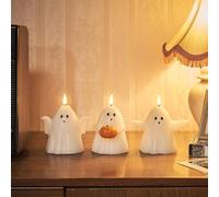 Lights4fun TruGlow® Lot de 3 Bougies Sans Flamme en Forme de Fantômes à LED Blanc Chaud à Piles en Cire Véritable avec Minuterie et Télécommande Décoration d'Halloween pour Intérieur