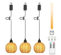 Lightsjoy Lot De 3 Suspension Luminaire Extérieur Lustre Rotin Dimmable Avec Télécommande Suspension Led Pile Vintage IP65 Pour Jardin, Camping Étanche, Chambre