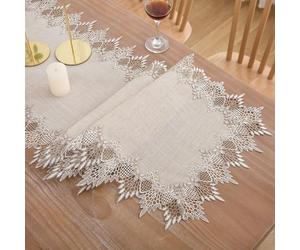 LIGICKY Chemin de table en lin brodé en dentelle neutre, Décoration de Table pour commode, printemps, été, mariage, maison, salle à manger, 40,6 x 182,9 cm, beige et marron clair