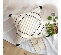 LIGICKY Housse de coussin décorative bohème à pompons pour canapé, chambre, salon, décoration de la maison, housse de coussin carrée en coton tissé moderne, noir et blanc, 45,7 x 45,7 cm