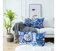 LIGICKY Lot de 4 Housses de Coussin carrées décoratives Style méditerranéen en Coton et Lin pour décoration d'intérieur (45 x 45 cm, Bleu)