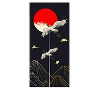 LIGICKY Noren Rideau de porte de style japonais avec grues dorées et pleine lune en coton et lin imprimé pour décoration de maison, 85,1 cm de large x 180,1 cm de long (double face)