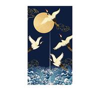 LIGICKY Noren Rideau de Porte de Style Japonais Grues Vagues Doré Pleine Lune Imprimé Coton Lin Traitement de Fenêtre Tapisserie pour Décoration de la Maison 85x150cm Bleu Marine