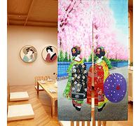 Ligicky Noren Rideau de porte long de style japonais motif Kyoto, Geishas en kimono et fleurs de cerisier 85 x 150 cm