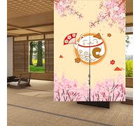 LIGICKY Noren Rideau de porte long style japonais Motif chat porte-bonheur et fleurs de cerisier Décoration de la maison 85,1 x 120 cm