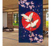 LIGICKY Noren Rideau de Porte Style Japonais Grues Blanches Soleil Rouge Cerisier Imprimé Coton Lin Décoration de Fenêtre Tapisserie pour Maison 85x150cm