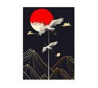 LIGICKY Noren Rideau de Porte Style Japonais Grues Dorées Montagne Rouge Pleine Lune Imprimé Coton Lin Décoration de Fenêtre Porte Tapisserie pour Décoration de Maison 85x120cm