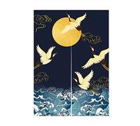 LIGICKY Noren Rideau de Porte Style Japonais Grues Vagues Doré Pleine Lune Imprimé Coton Lin Rideau de Porte Tapisserie pour Décoration de Maison 85x120cm Bleu Marine