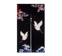 LIGICKY Noren Rideau de Porte Style Japonais Grues Vagues Fleurs de Cerisier Imprimé Fenêtre Traitement Porte Tapisserie pour Décoration de Maison 85x150cm Noir